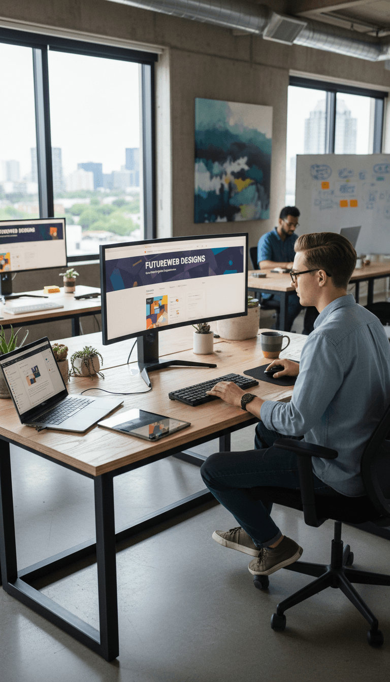 Web designer working on modern website design at desk with dual monitors