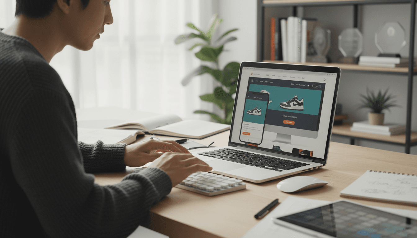 Web designer creating responsive mobile-first website on laptop