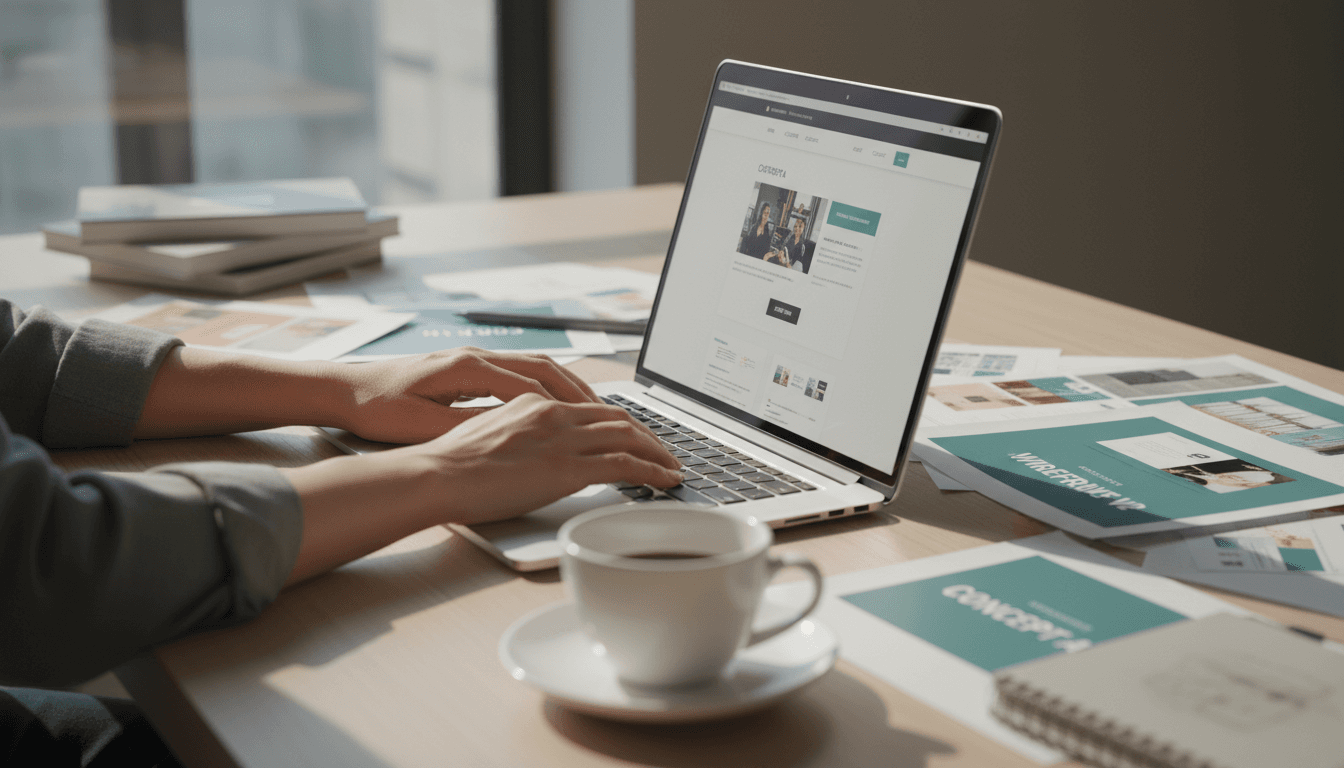 Web design studio workspace with designer working on responsive website designs